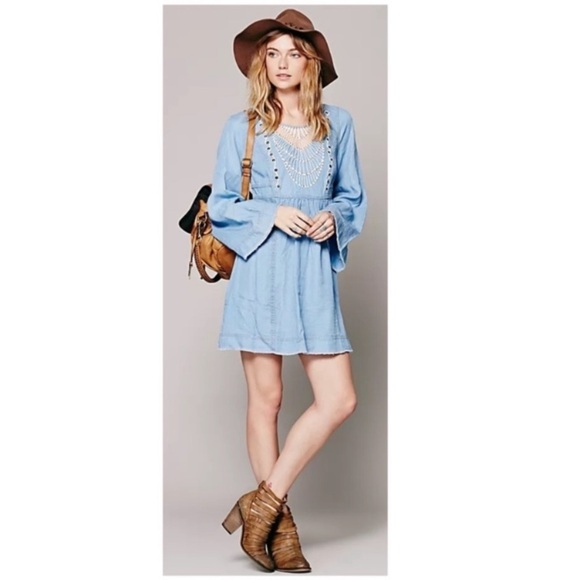 Free People Indigo Tencel Chambray Tunic Boho Mini Dress in Blue Size XS - Picture 7 of 9